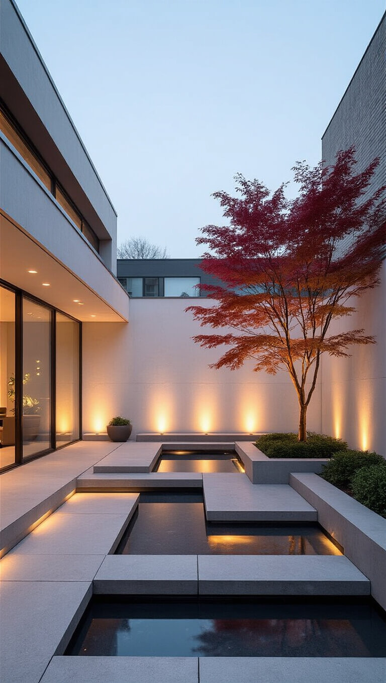 Nighttime view of a minimalist 20x20ft contemporary courtyard featuring floating LED panel walls, geometric concrete seating with integrated lighting, a Japanese maple tree with uplighting, and a reflection pool with subtle bubbles.