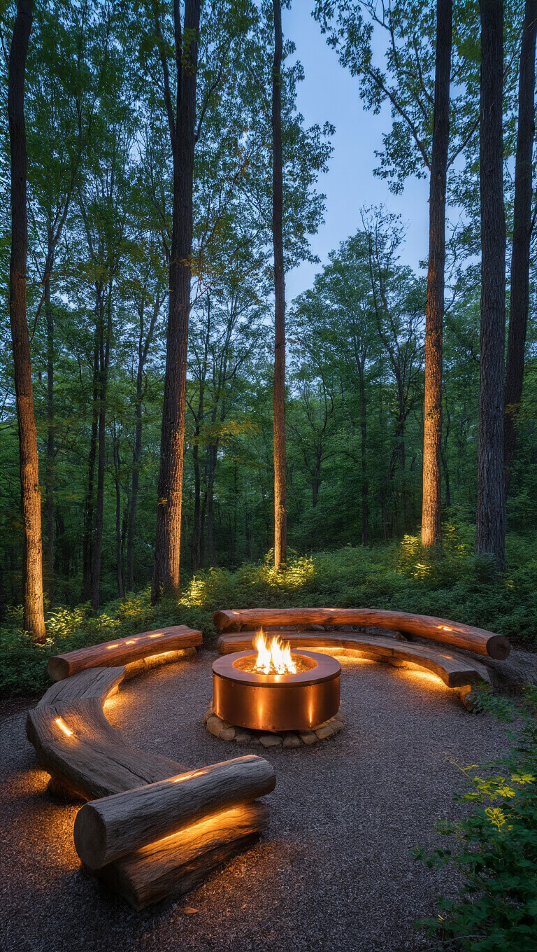 Woodland clearing with illuminated mature trees, full moon above, stone fire pit featuring copper light covers, native plants lit by subtle ground lights, and rustic log seating with hidden LED strips.