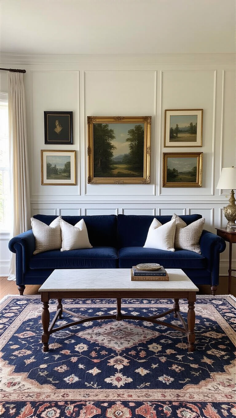 Symmetrical living room with velvet midnight blue sofa, curated gallery wall of 7 mixed-frame artworks, vintage Persian rug, original white crown molding and wainscoting, and soft greige walls lit by morning sun through sheer curtains.