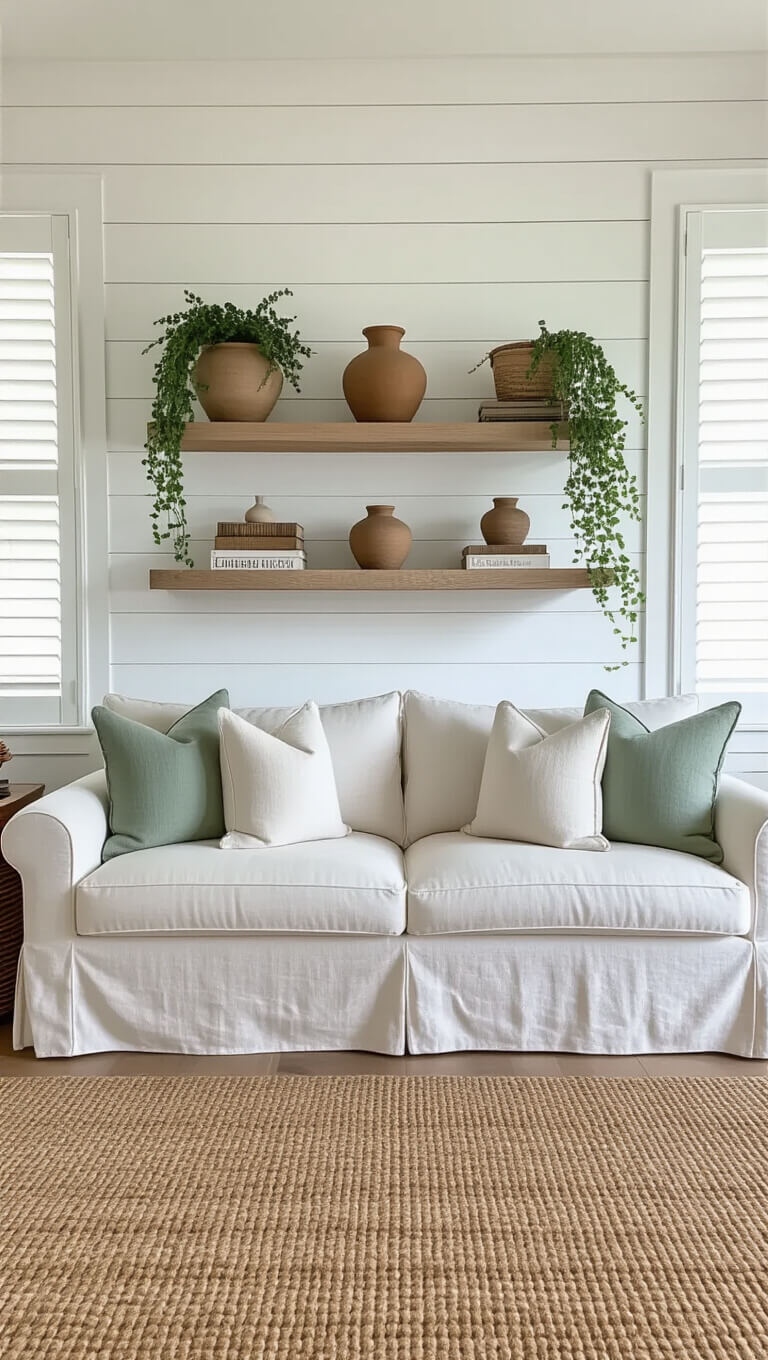 Airy coastal living room with white shiplap wall, floating wooden shelves, linen slipcovered sofa, jute rug, and soft diffused light through plantation shutters.