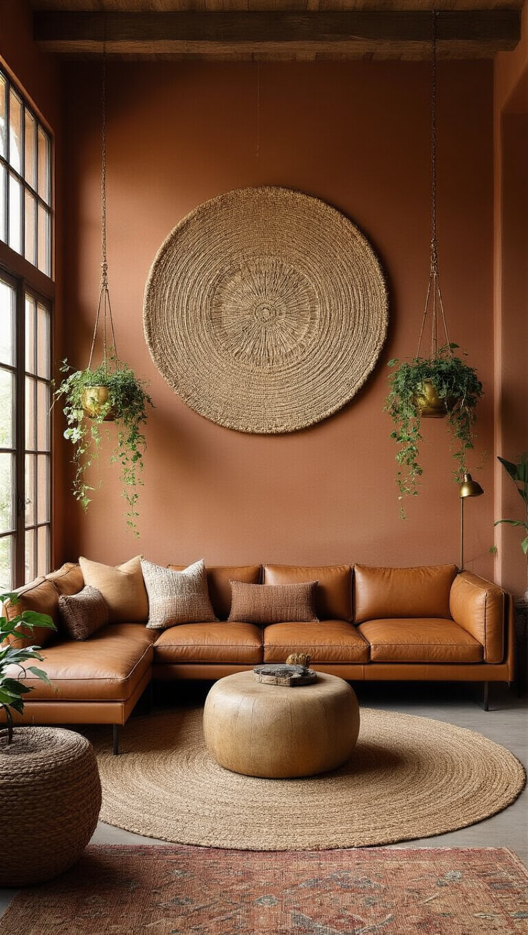 Modern bohemian living room with large jute mandala above leather sectional, brass hanging planters, terracotta walls, and golden hour lighting.