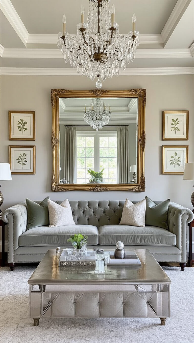 Elegant living room with tufted grey velvet sofa, large antique gilt mirror reflecting crystal chandelier, and framed botanical prints in silver, grey, and sage tones.
