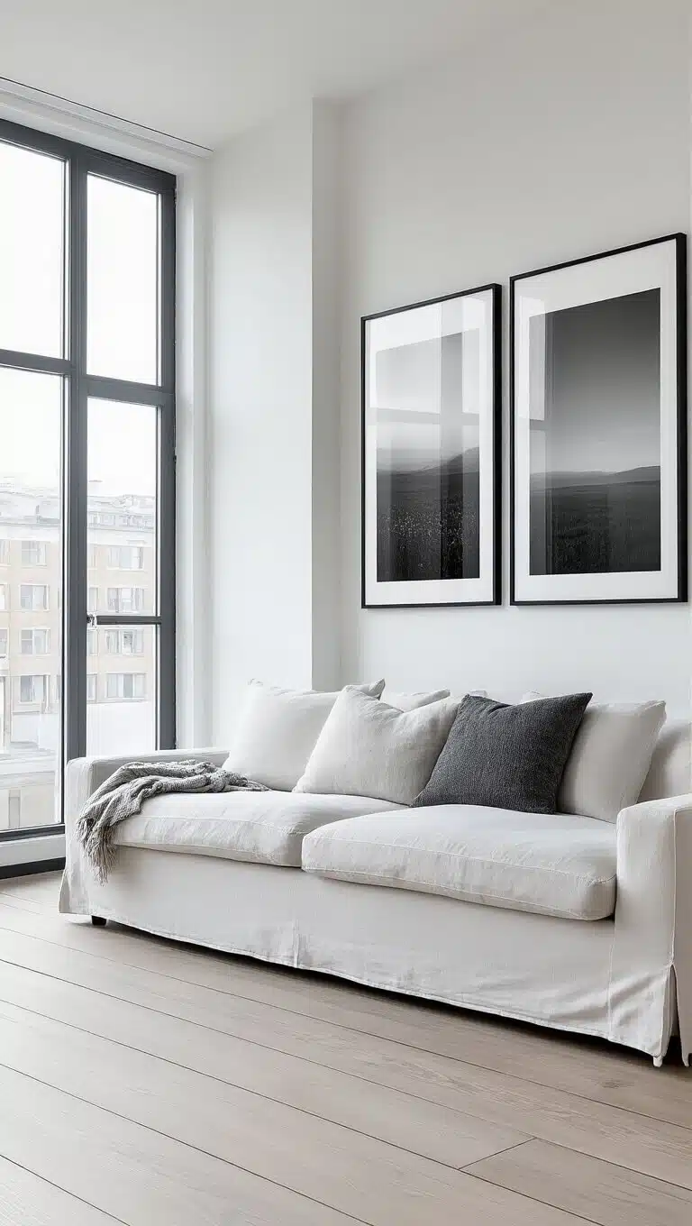 Minimalist Scandinavian living room with three black and white photo prints above white sofa, pale oak floors, and floor-to-ceiling windows.