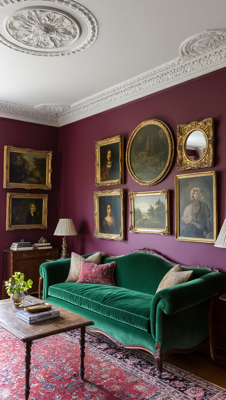 Eclectic Victorian parlor with emerald green velvet sofa, gallery wall of vintage art and mirrors, deep aubergine walls, original ceiling medallion, and warm vintage lighting.