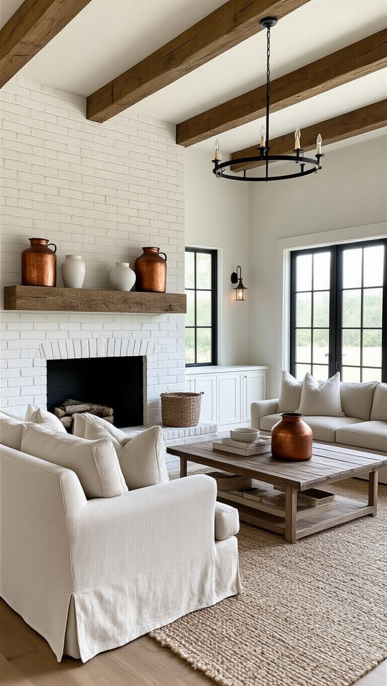 Modern farmhouse great room with exposed wooden beams, whitewashed brick fireplace, reclaimed wood mantel with vintage decor, linen roll-arm sofa, and warm mixed lighting.