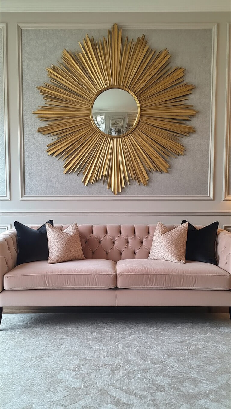 Art deco living room with blush velvet sofa, sunburst gold mirror, geometric prints, pale grey walls, and ambient uplighting.