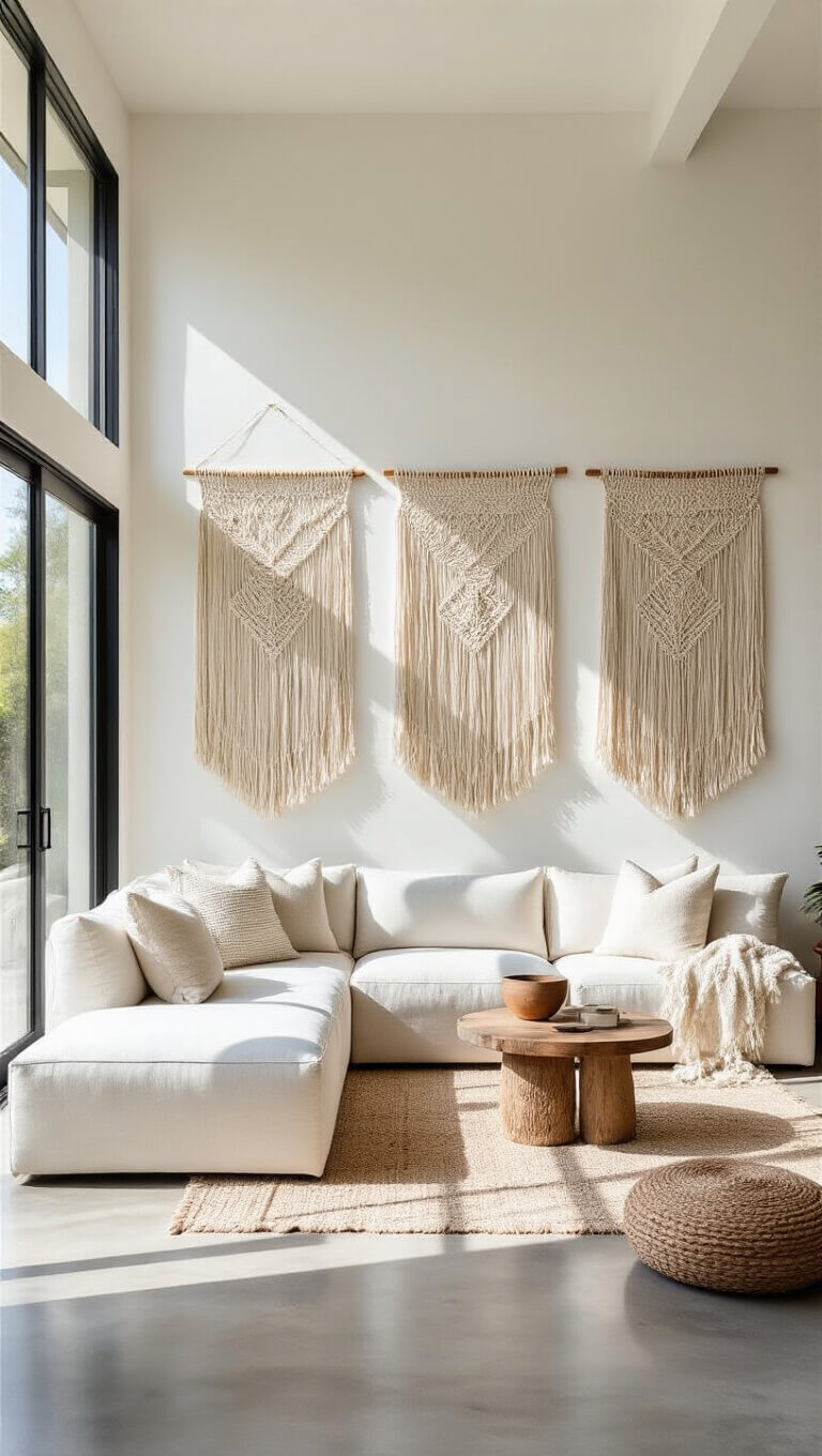 California casual living room with floor-to-ceiling windows, concrete floors, white walls, and a white low-profile sectional beneath three large natural cotton macramé wall hangings.