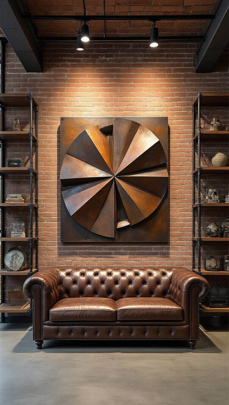 Contemporary urban loft with exposed brick wall, metal wall sculpture above leather Chesterfield sofa, and industrial pipe shelving with curated objects, lit with dramatic side lighting.