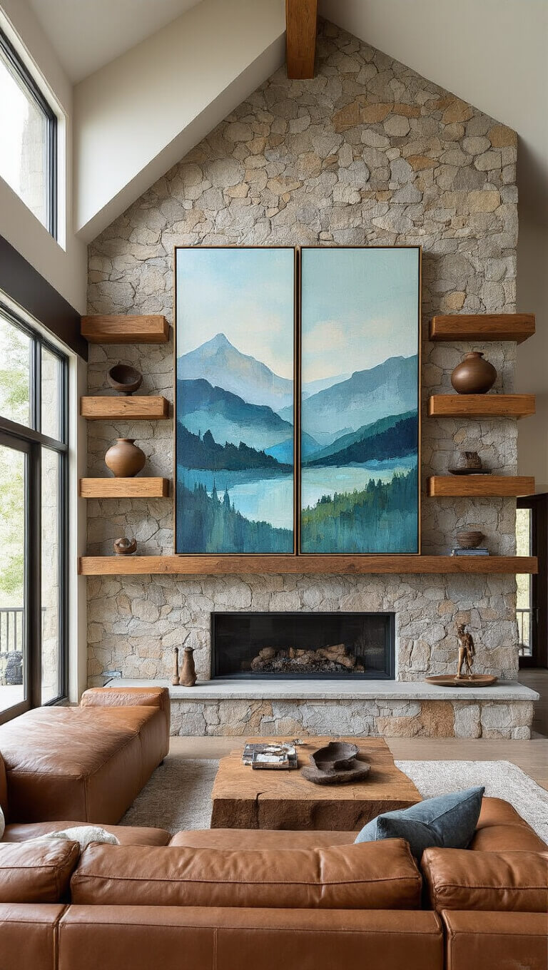 Mountain modern great room with stone fireplace, vaulted ceiling, cognac leather sectional, abstract landscape triptych, and raw edge wooden shelves displaying ceramics and sculptures.