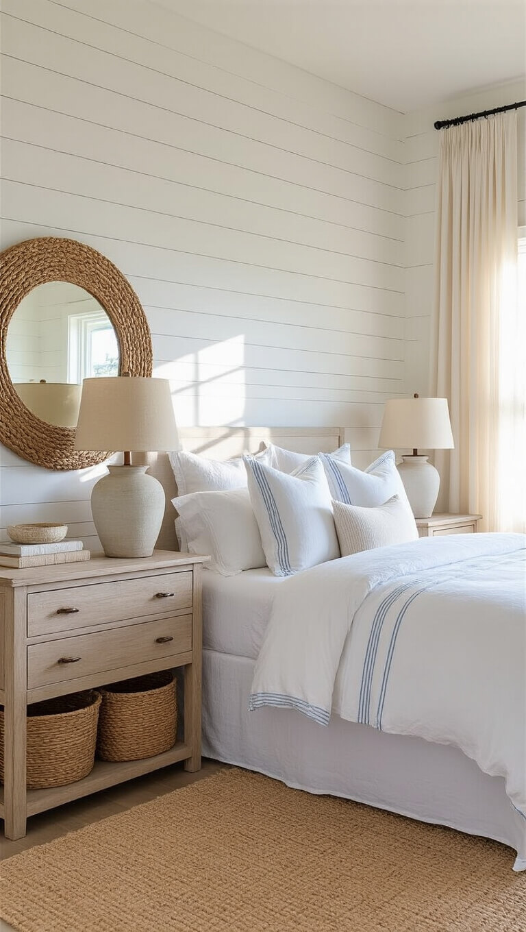 Sunlit master bedroom with white shiplap wall, linen bed, weathered oak nightstands, rope mirror, and seagrass baskets, bathed in soft morning light.
