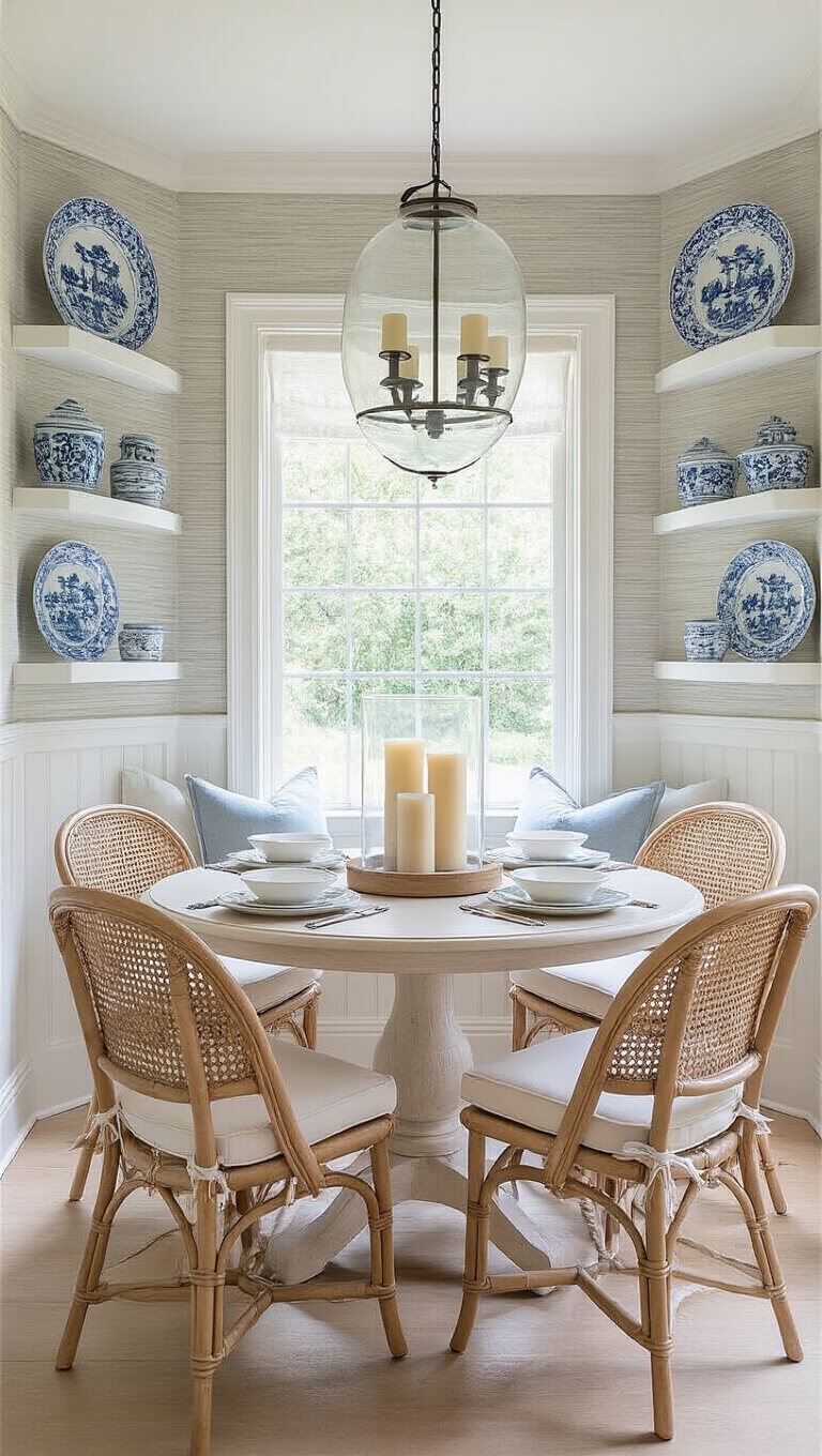 Coastal-style dining nook with round oak table, rattan chairs, glass hurricane lantern centerpiece, and bay window lighting.