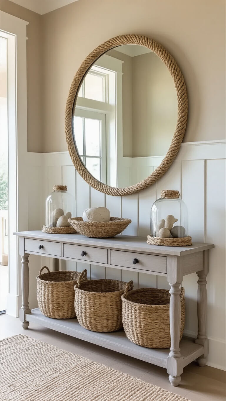 Light-filled 10x12ft beach house entryway with white wainscoting, sand-toned walls, vintage driftwood console, rope-trimmed round mirror, beach treasures under glass, and handwoven baskets.