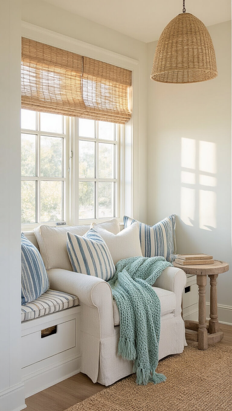 Cozy coastal reading nook with ivory armchair, seafoam knit throw, striped window seat cushions, and warm golden hour light.