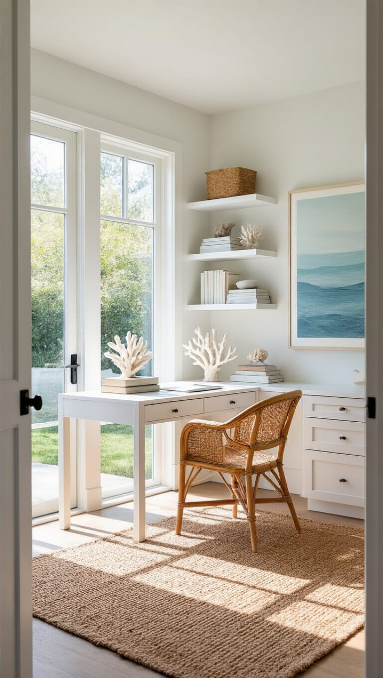 Modern coastal home office with floor-to-ceiling garden-view windows, white desk and rattan chair, vintage coral decor, floating shelves with white books, sisal rug, and abstract ocean art.