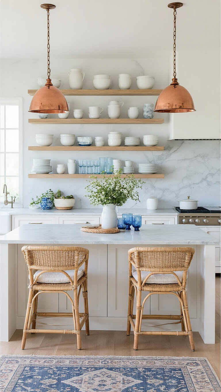 Elegant coastal kitchen with white shaker cabinets, honed marble countertops, open shelving, rattan stools, and copper pendants in morning light.