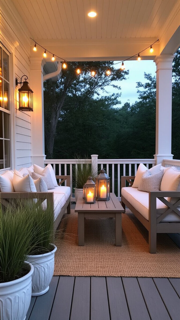 Cozy 10x12ft covered porch at twilight with white-cushioned teak seating, glowing string lights, vintage lanterns, potted coastal grasses, and a sisal rug creating a magical coastal ambiance.