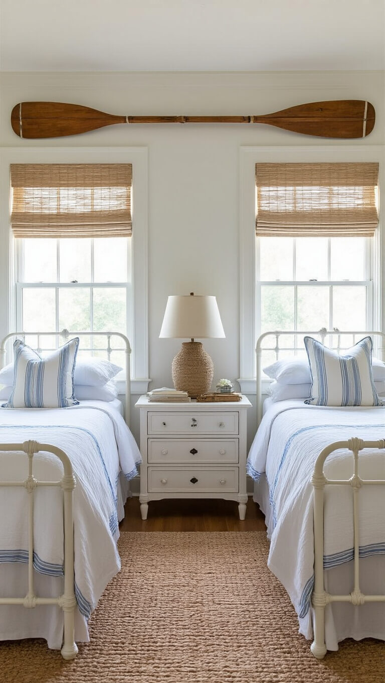 Coastal guest bedroom with twin white iron beds, striped linens, vintage oar wall decor, and seagrass blinds filtering afternoon light.