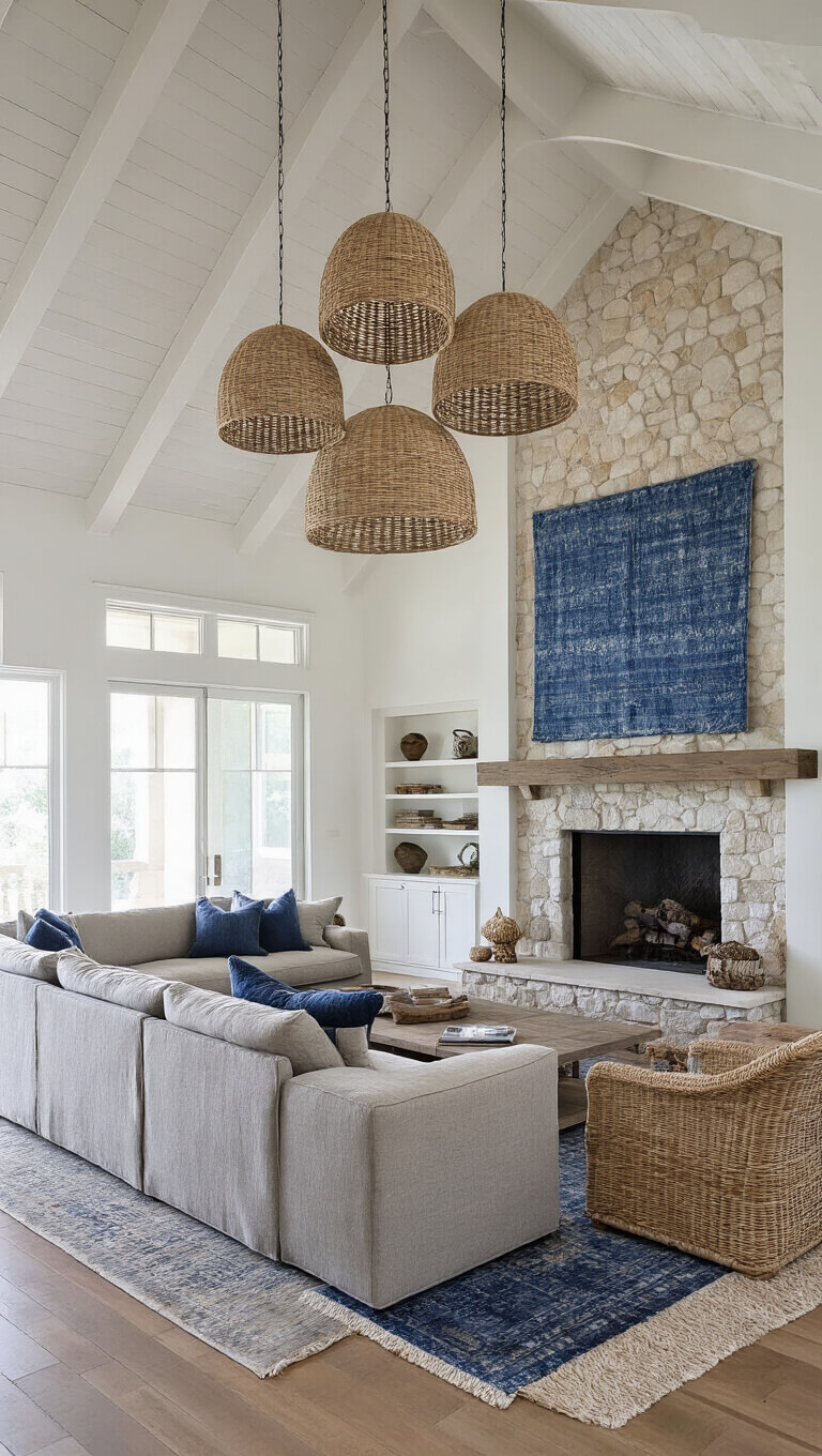 Spacious great room with cathedral ceiling, white-painted beams, stone fireplace, oversized linen sectional, indigo textiles, and rattan pendant lights, viewed from mezzanine.