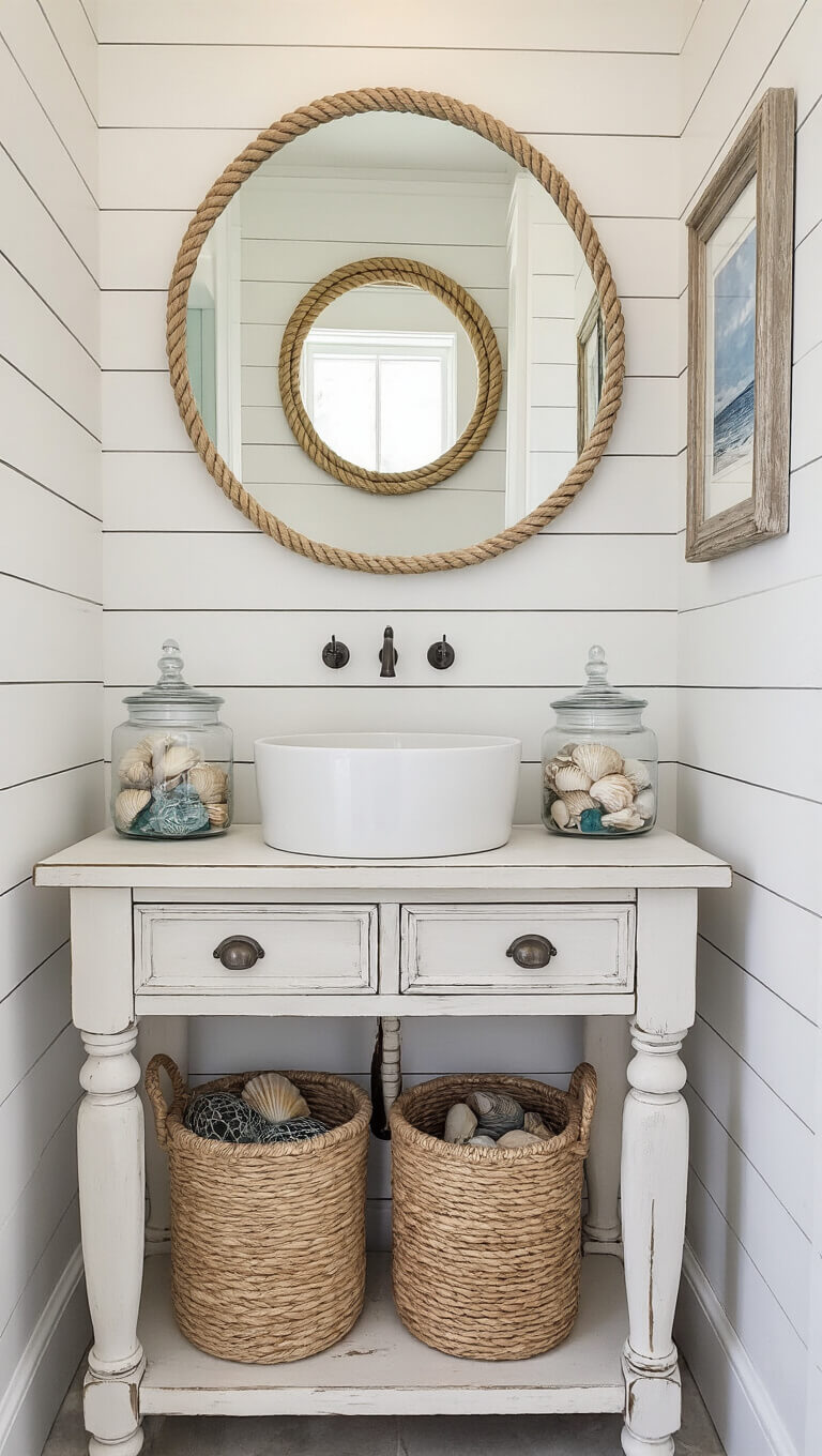 Sophisticated beach house powder room with white shiplap walls, vintage vanity with vessel sink, round rope mirror, and coastal decor accessories.