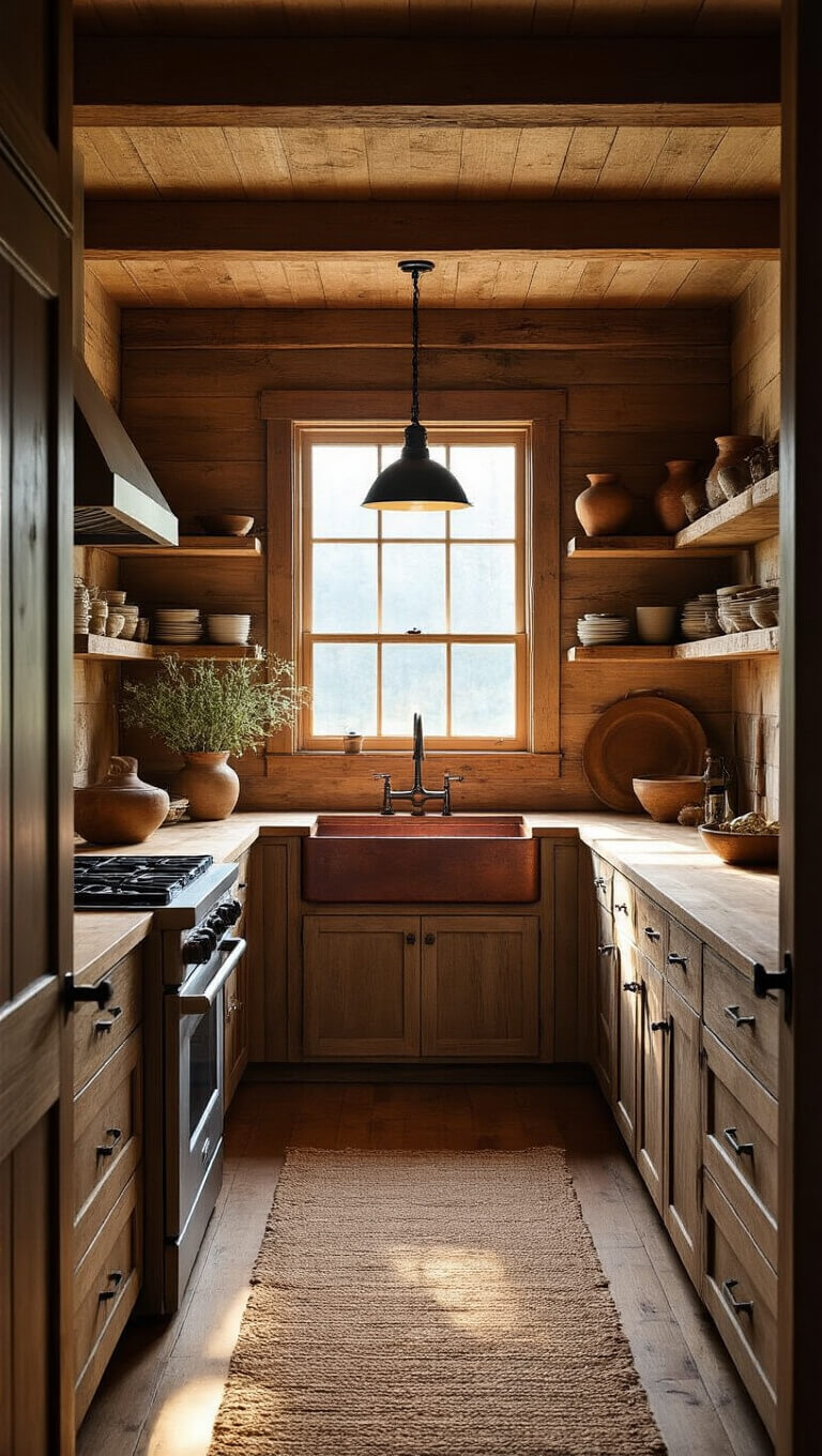 Rustic galley-style cabin kitchen with wood beams, golden hour light, farmhouse sink, glass-front cabinets, and warm earthy decor.