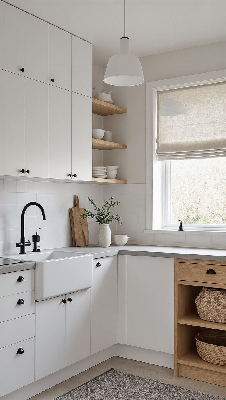 Scandinavian minimal kitchen with white cabinets, pale wood shelves, concrete countertops, and morning light through frosted window.