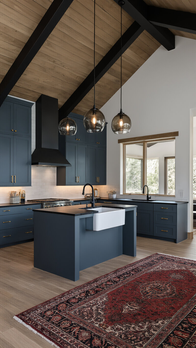 Modern cabin kitchen at dusk with moody blue-gray cabinets, black stone countertops, smoked glass pendant lights, and a vintage Persian runner.