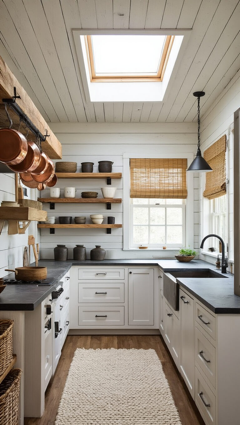 Textural cabin kitchen with whitewashed pine walls, soapstone counters, floating rough-hewn shelves, copper pots, ceramic canisters, and natural light highlighting organic materials.