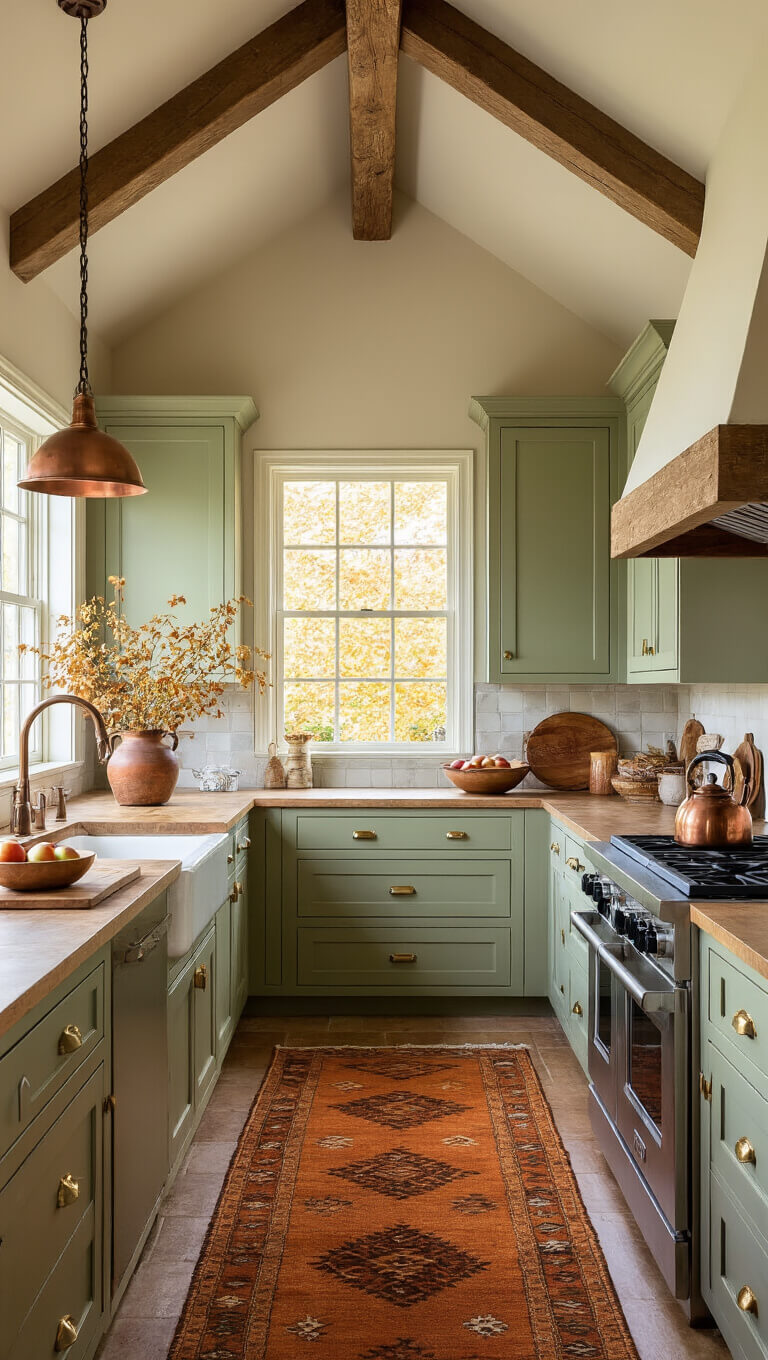 Warm autumn kitchen with sage green cabinets, stone countertops, copper kettle, apples in earthenware bowl, dried herbs hanging from beam, vintage kilim runner, and golden hour light.