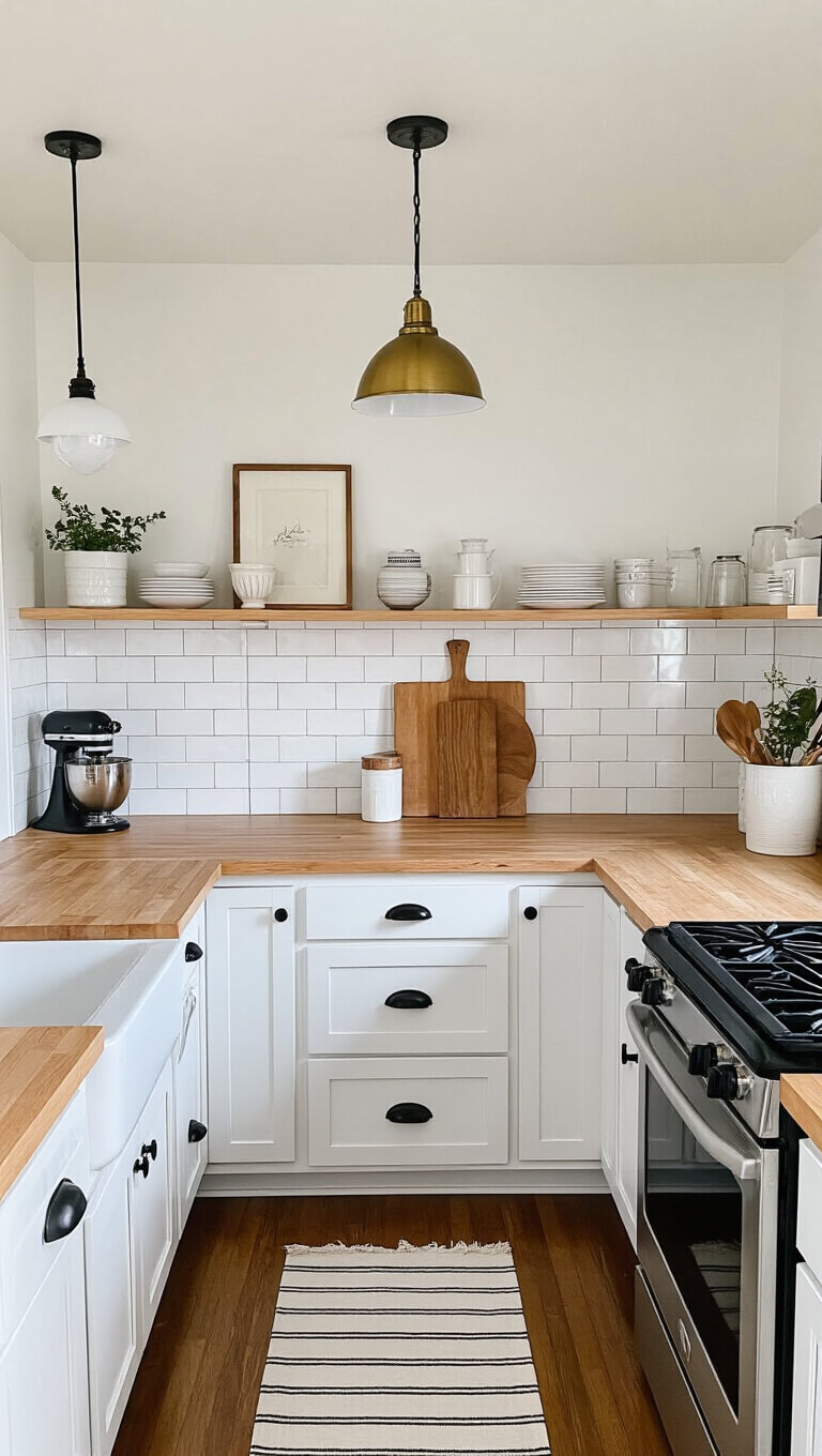 Bright, budget-chic kitchen with white cabinets, black hardware, marble peel-and-stick backsplash, butcher block counters, and brass vintage pendant light.