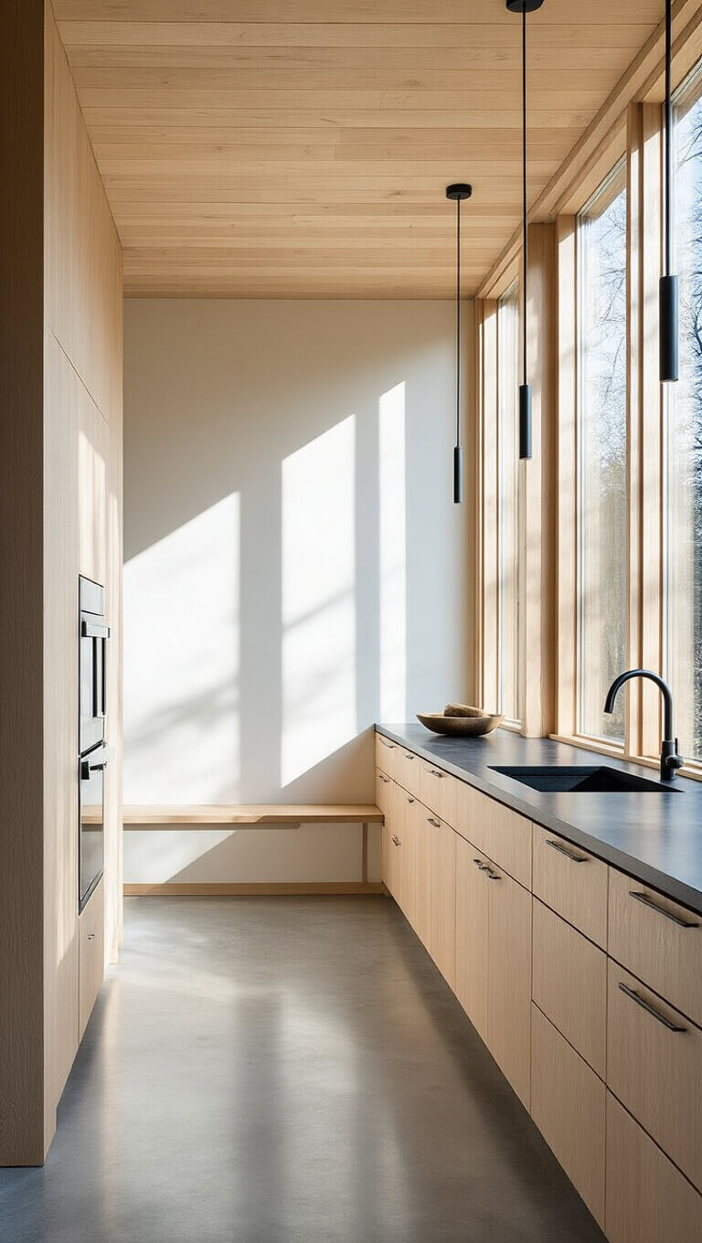 Minimalist cabin kitchen at dawn with floor-to-ceiling windows, white oak cabinets, black granite counters, and dramatic shadows on polished concrete floors.