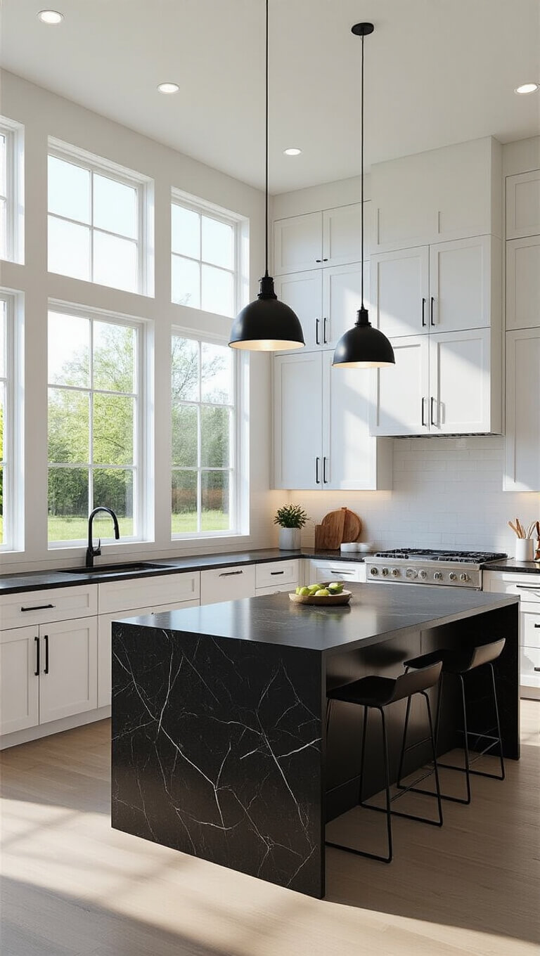 Modern minimalist kitchen with white shaker cabinets, black granite countertops, and a central waterfall island under pendant lighting.
