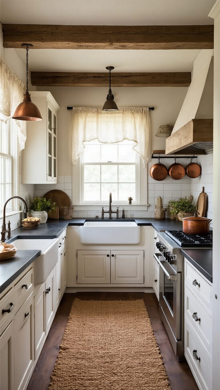 Farmhouse kitchen with distressed white cabinets, black soapstone counters, exposed wooden beams, and copper pots hanging over a jute runner leading to a farmhouse sink lit by golden hour sunlight.