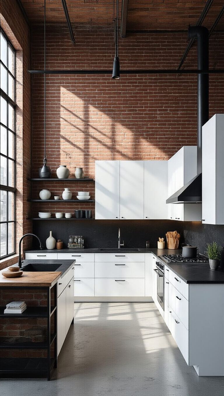 Urban loft kitchen with white cabinets, black quartz counters, exposed brick walls, and industrial shelving, viewed from above with moody lighting and large factory windows.
