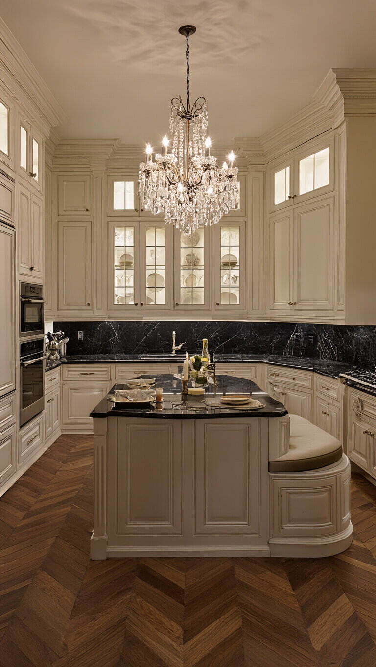 Low-angle view of a classic 16x22ft kitchen with ivory inset cabinets, black marble countertops, crown molding, and crystal chandelier over a circular breakfast nook, featuring herringbone hardwood floors and warm ambient lighting at twilight.