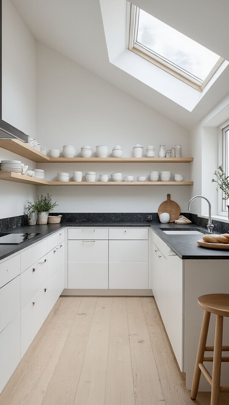 Bright Scandinavian kitchen with white handleless cabinets, black granite countertops, pale oak shelves, and natural light from skylight.