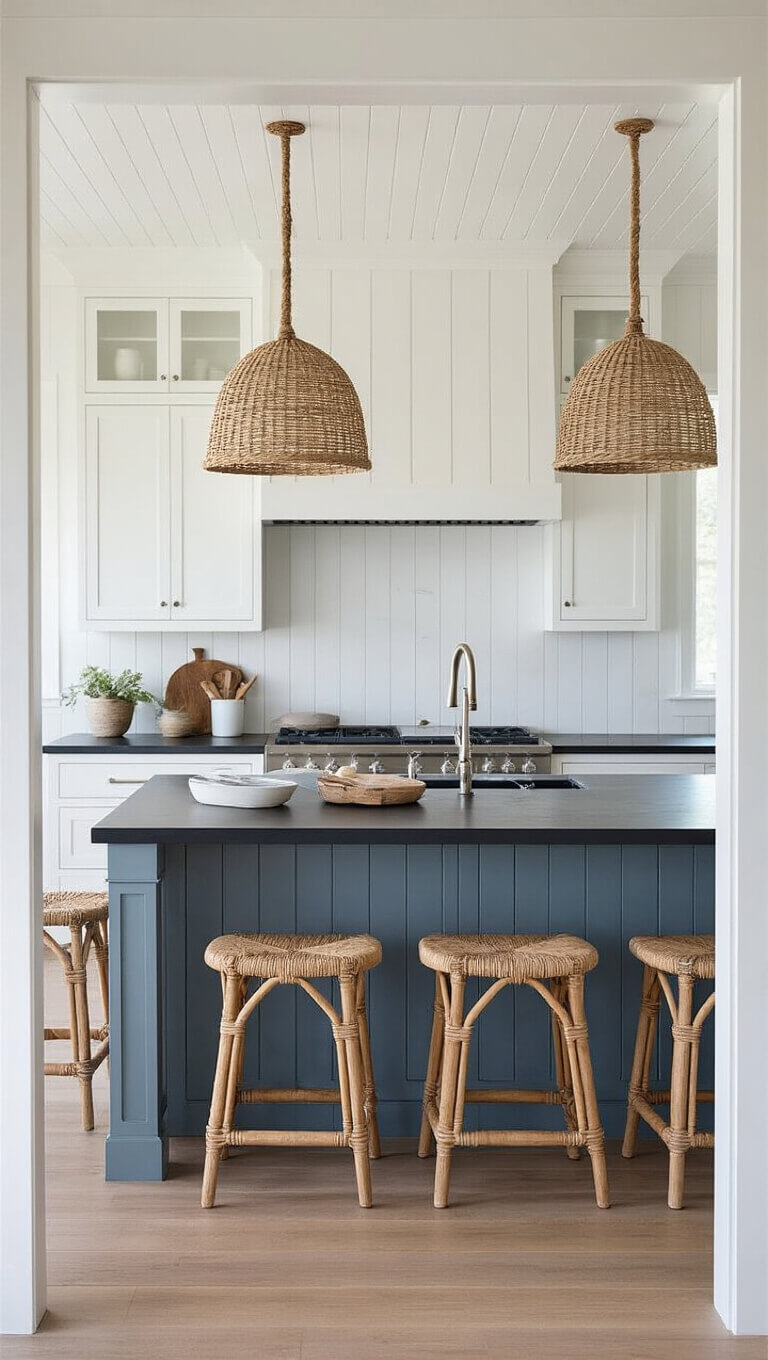 Contemporary coastal kitchen with white beadboard cabinets, blue-grey island, rattan stools, and rope pendant lights in morning light.