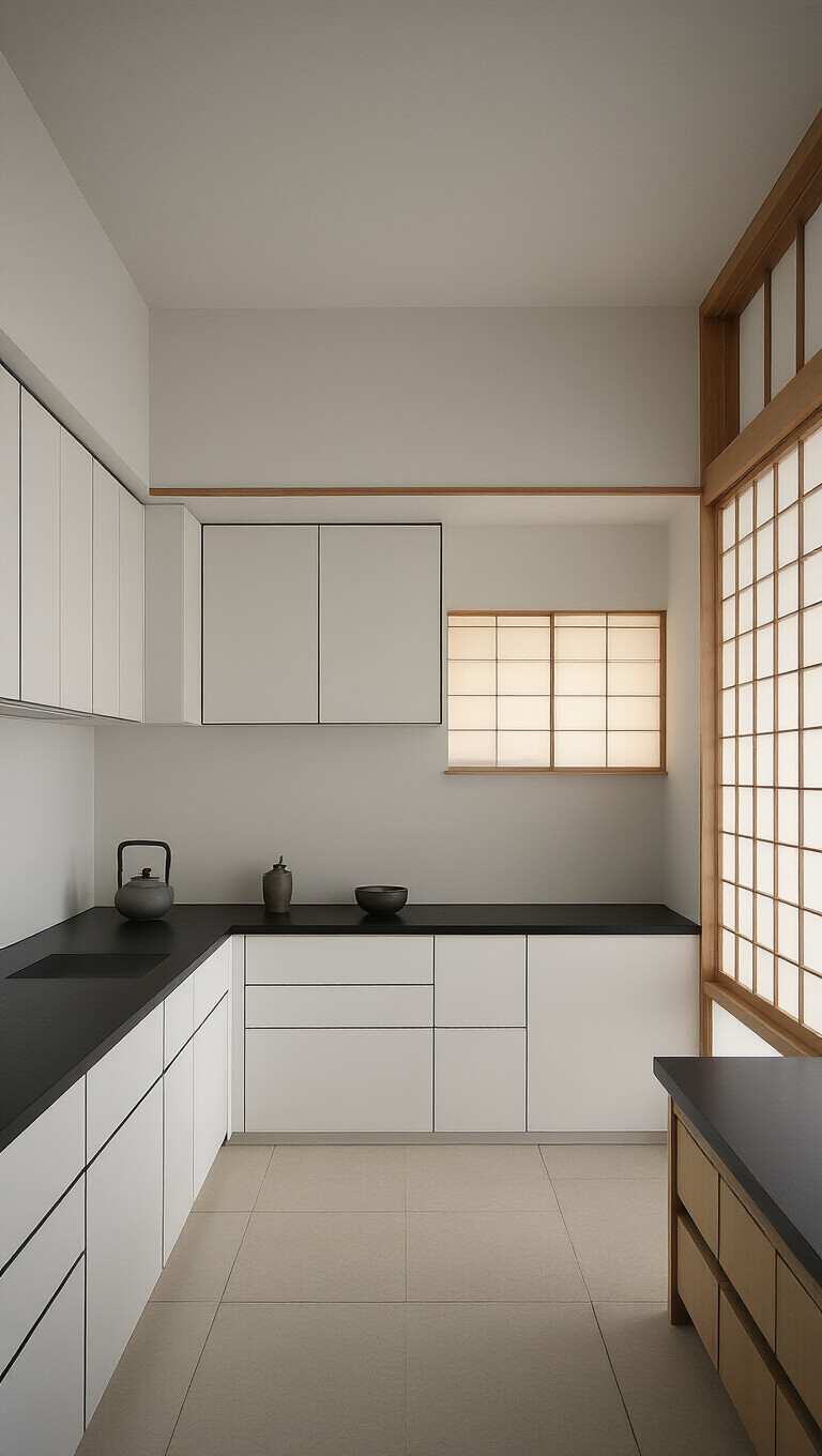 Japanese minimalist kitchen at dawn with white cabinets, black counters, shoji screens, bamboo accents, and built-in tea station in soft natural light.