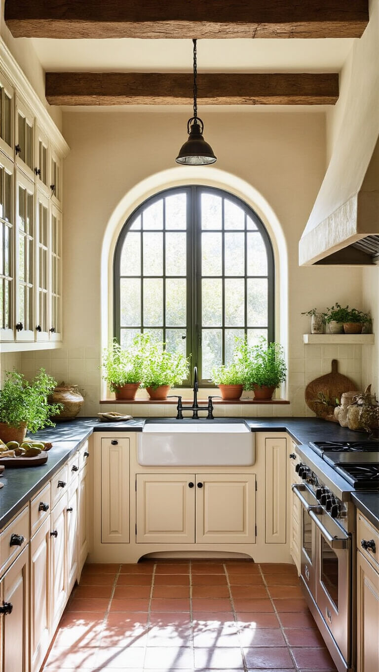 Mediterranean Revival kitchen with arched cream cabinets, black soapstone counters, terracotta tile floor, wrought iron accents, and sunlit herb-filled window boxes.