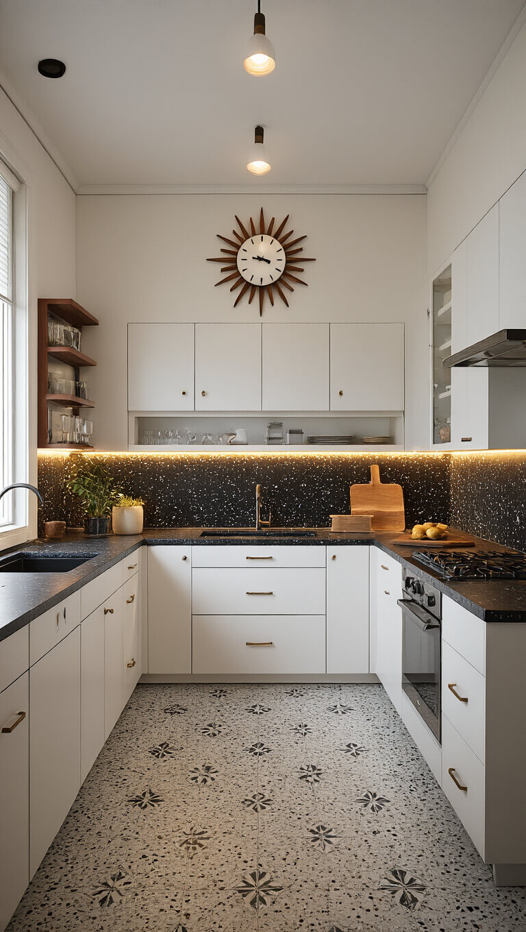 Mid-century modern kitchen with white slab cabinets, black terrazzo counters, walnut accents, geometric tile backsplash, and sunburst clock above built-in bar at cocktail hour.