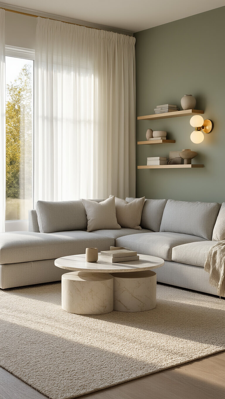Bright 12x14ft living room at golden hour with sunlit gray sectional, marble nesting table on cream rug, built-in shelves, and sage green accent wall.