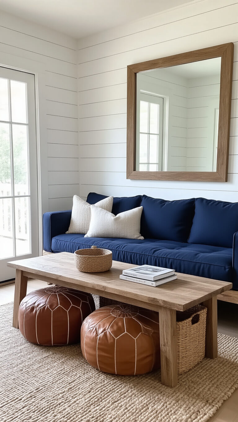 Cozy 10x12ft living space with navy sleeper sofa, leather poufs, acacia wood console, large mirror, and woven baskets, bathed in soft natural light.