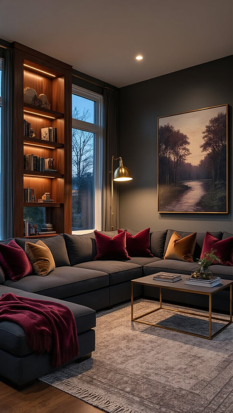 Moody dusk-lit living room with charcoal sectional, walnut bookcases, brass lamp, and jewel-toned accents.