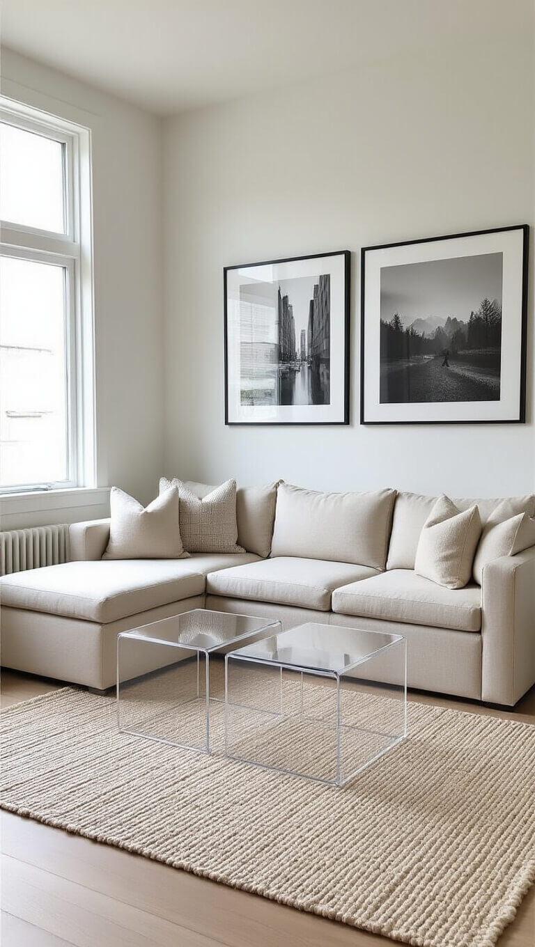 Minimalist 11x13ft living room with oatmeal modular sofa, acrylic nesting tables, black and white photo gallery wall, and white jute rug in natural midday light.