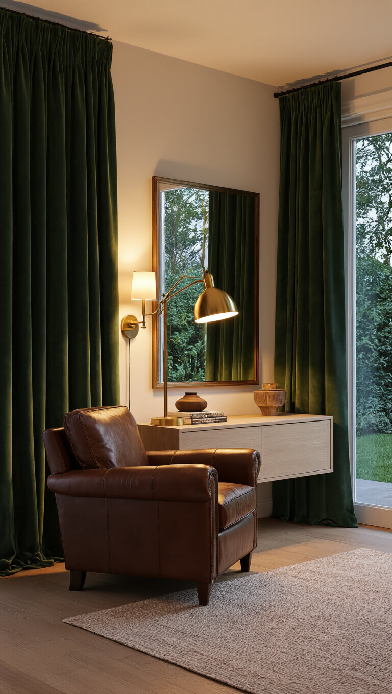 Cozy twilight-lit room with vintage leather armchair, brass floor lamp, floating oak media console, oversized mirror with sconces, and green velvet curtains.
