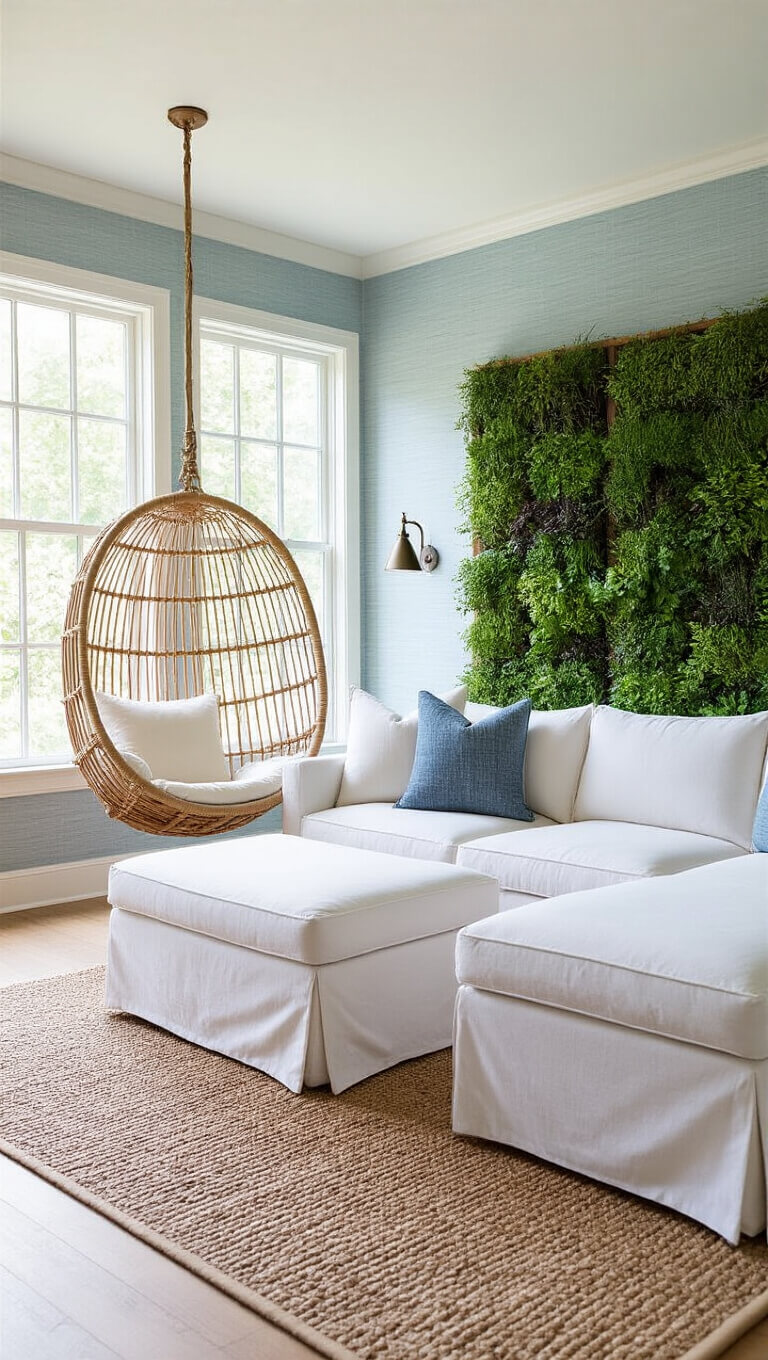 Bright 13x14ft living room with white slip-covered sectional, rattan hanging chair by window, vertical garden wall, and pale blue textured wallpaper.