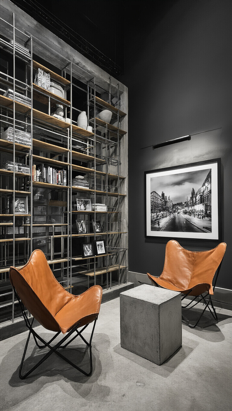 Moody nighttime urban living room with dramatic lighting, industrial shelving divider, leather butterfly chairs, concrete side tables, and black-and-white photo gallery.
