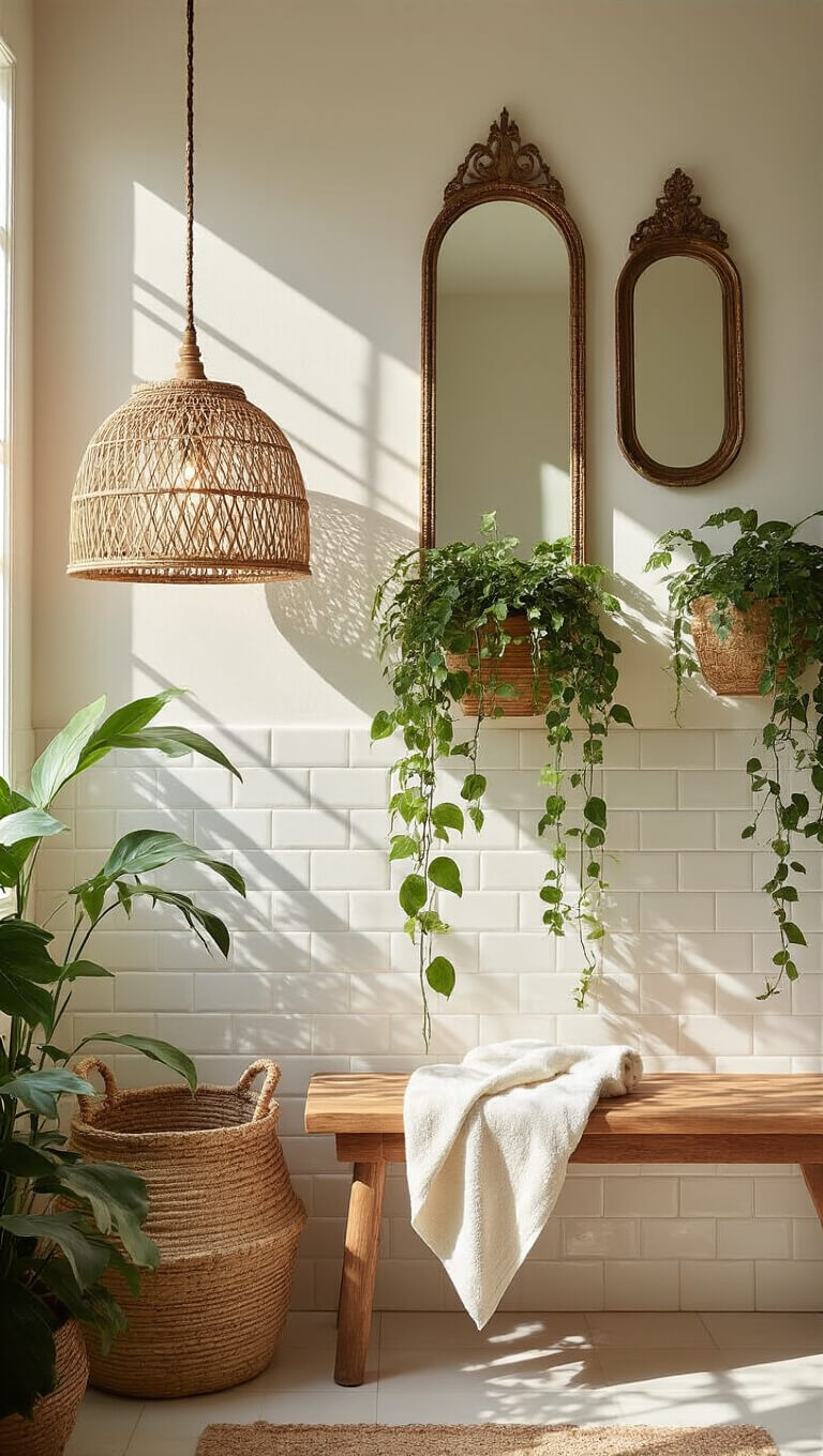 Boho bathroom corner with jute basket, teak bench, Turkish towel, trailing plants in copper planters, vintage mirrors, and morning light through rattan lamp.