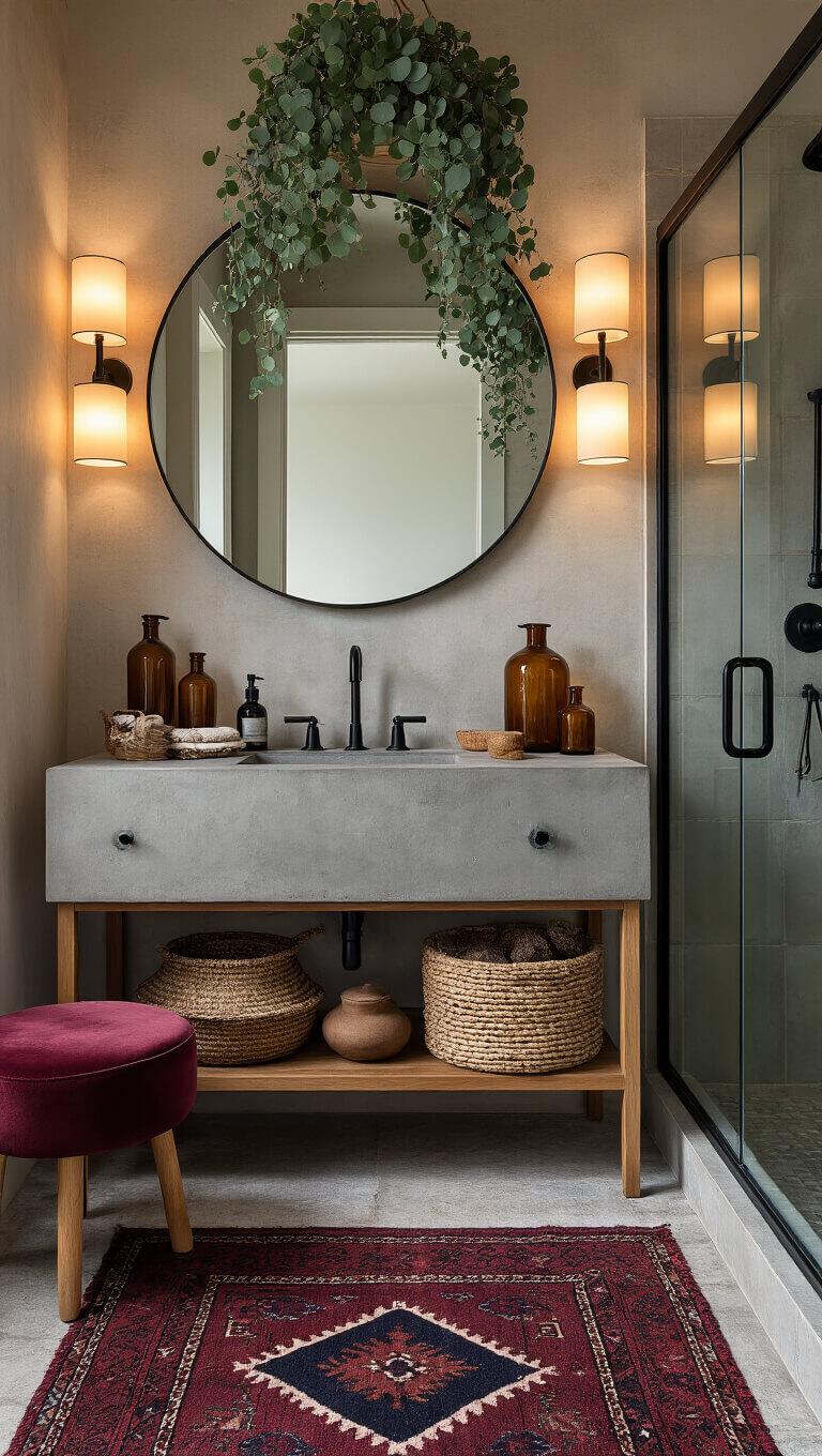 Moody bathroom with warm lighting, concrete vanity, matte black fixtures, vintage rug, eucalyptus in glass shower, amber bottles, ceramic vessels on oak shelves, and rich textured decor in deep hues.