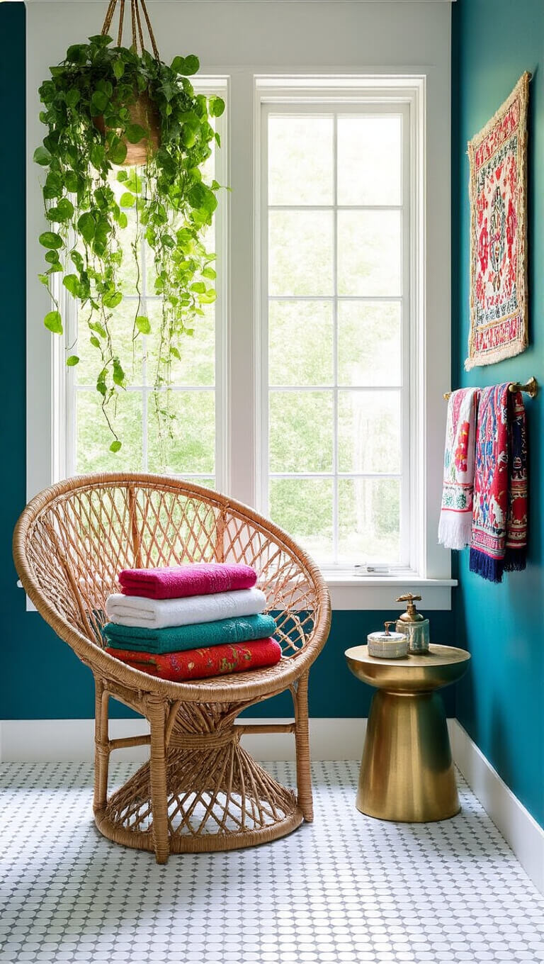 Bright bathroom with floor-to-ceiling window, teal accent wall, white penny tiles, rattan peacock chair with colorful Turkish towels, brass table, hanging plants, and global textile decor.