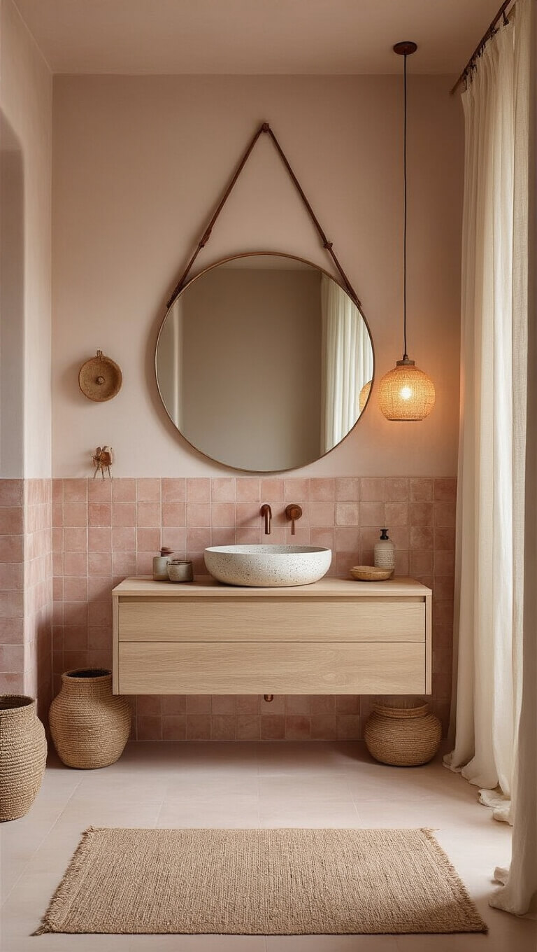 Minimalist boho bathroom at dusk with pink zellige tile walls, floating bleached oak vanity, copper tub filler, and textural decor in blush, cream, and natural wood tones.